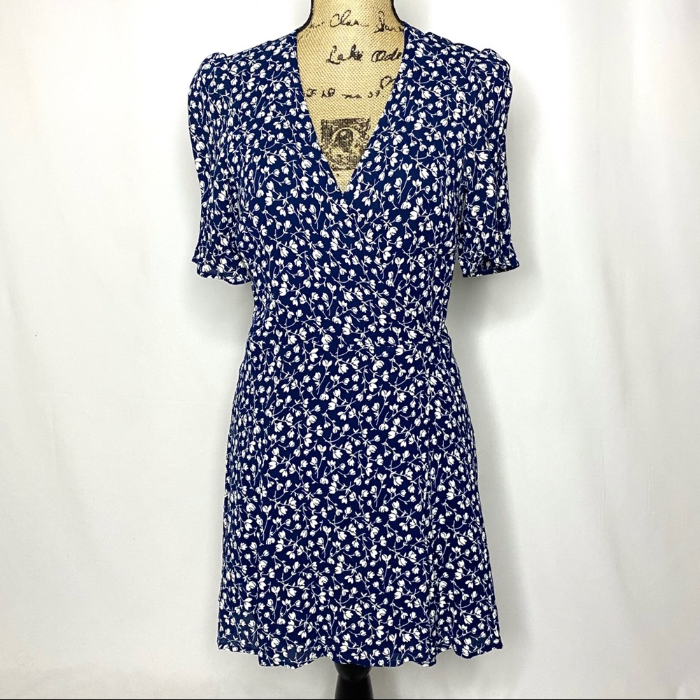 Reformation Navy Blue White Elyse Lucky Wrap Dress